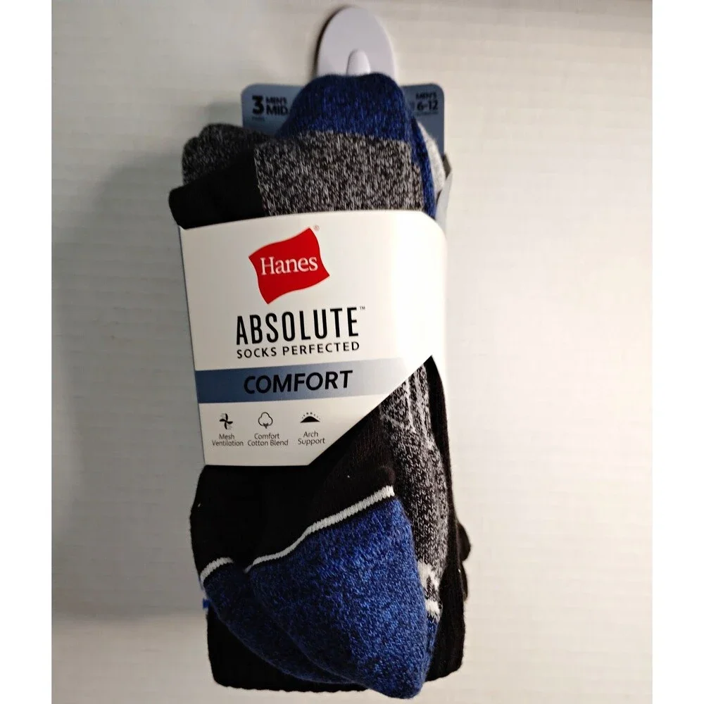 Hanes Absolute Comfort Mid Crew Socks Cushioned Arch Support 3pr 6-12 B/G/B